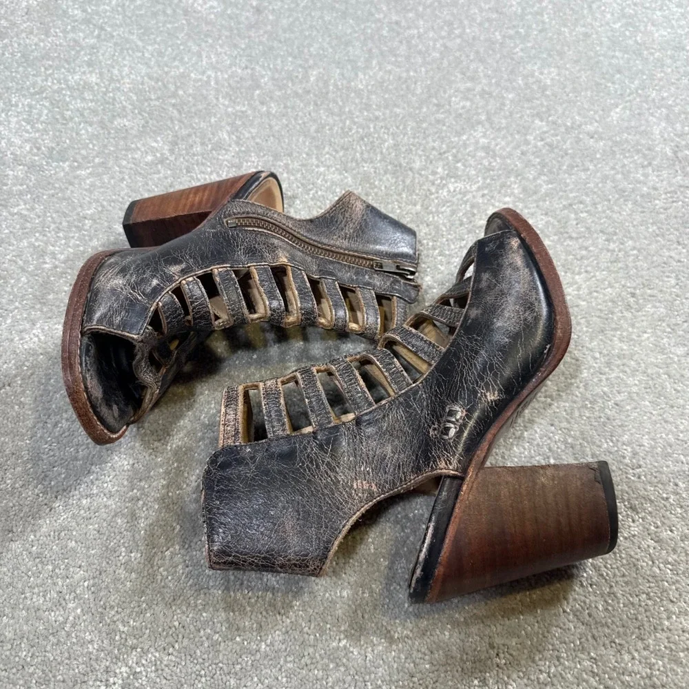 BED STU Occam Gladiator Distressed Leather Cage Peep Toe Heels Sz 6 Bench Made